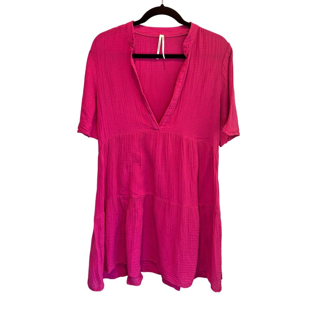 By Anthropologie Pink Gauze Cotton Short Sleeve Tiered Mini Dress - size Small